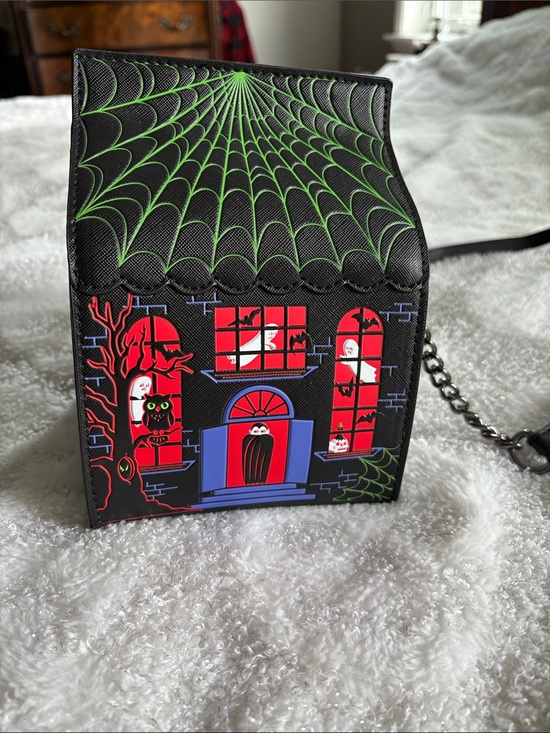 MAD Engine Handbags - MAD Engine Black Crossbody Bag with Green, Red & Blue Haunted House Design